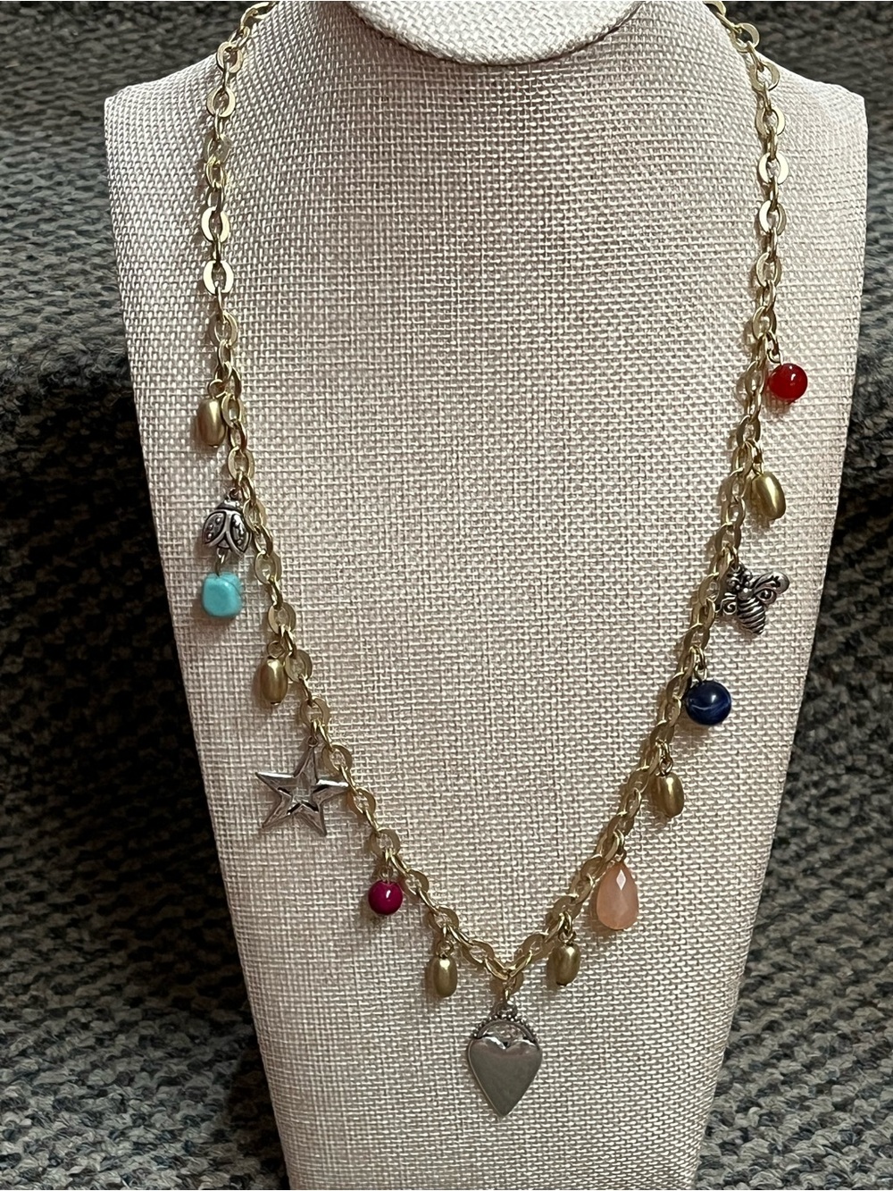 Vintage Chico’s Gold-Tone Charm Necklace with Multicolor Beads - Heart Pendant